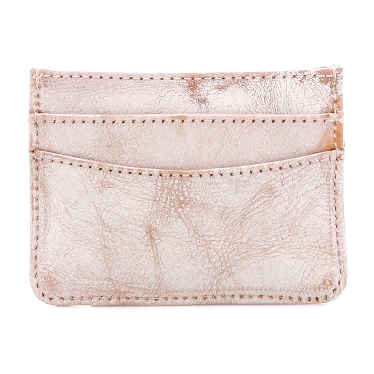 The Bed Stu Chuck is a light pink, textured leather slim wallet with two front slots, shown against a white background—ideal for effortless everyday carry.