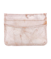 The Bed Stu Chuck is a light pink, textured leather slim wallet with two front slots, shown against a white background—ideal for effortless everyday carry.