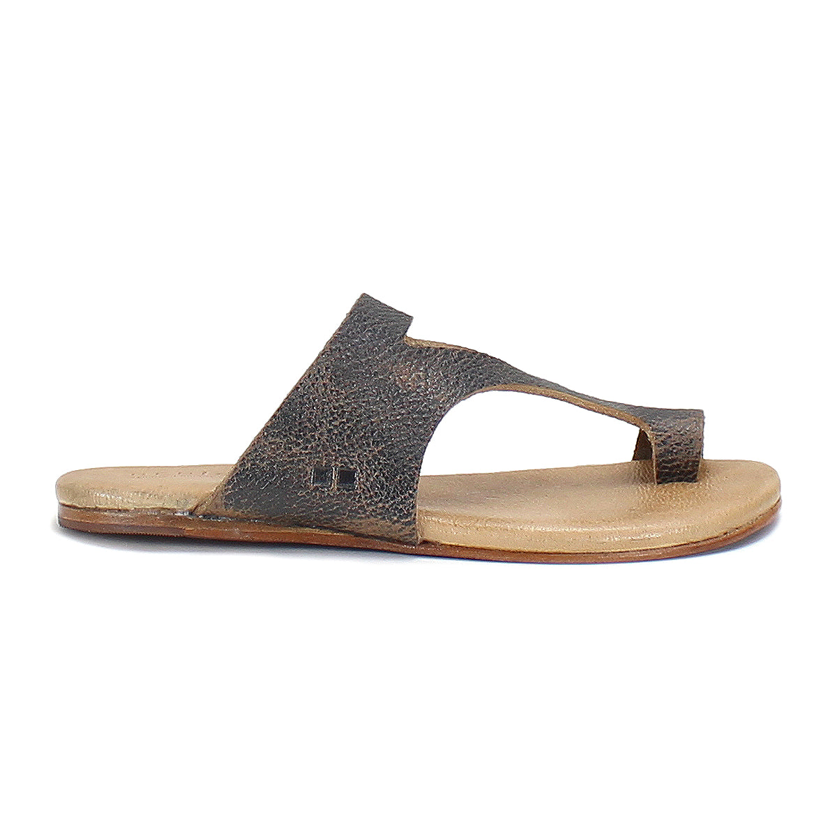 A single Bed Stu Civilized sandal with a simple, open-toe design and flat sole made from vegetable-tanned leather viewed from the side.