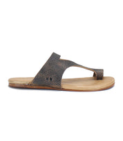 A single Bed Stu Civilized sandal with a simple, open-toe design and flat sole made from vegetable-tanned leather viewed from the side.