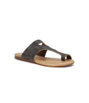 A brown leather slide sandal with a wide strap crossing over the top, crafted from exceptional quality materials, and a tan flat cushioned sole, Civilized by Bed Stu.