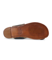 The image shows the sole of a shoe, featuring brown vegetable-tanned leather with a stitched border and ridged section for grip. The cushioned sole ensures comfort, while the Bed Stu Civilized and size are stamped near the heel.