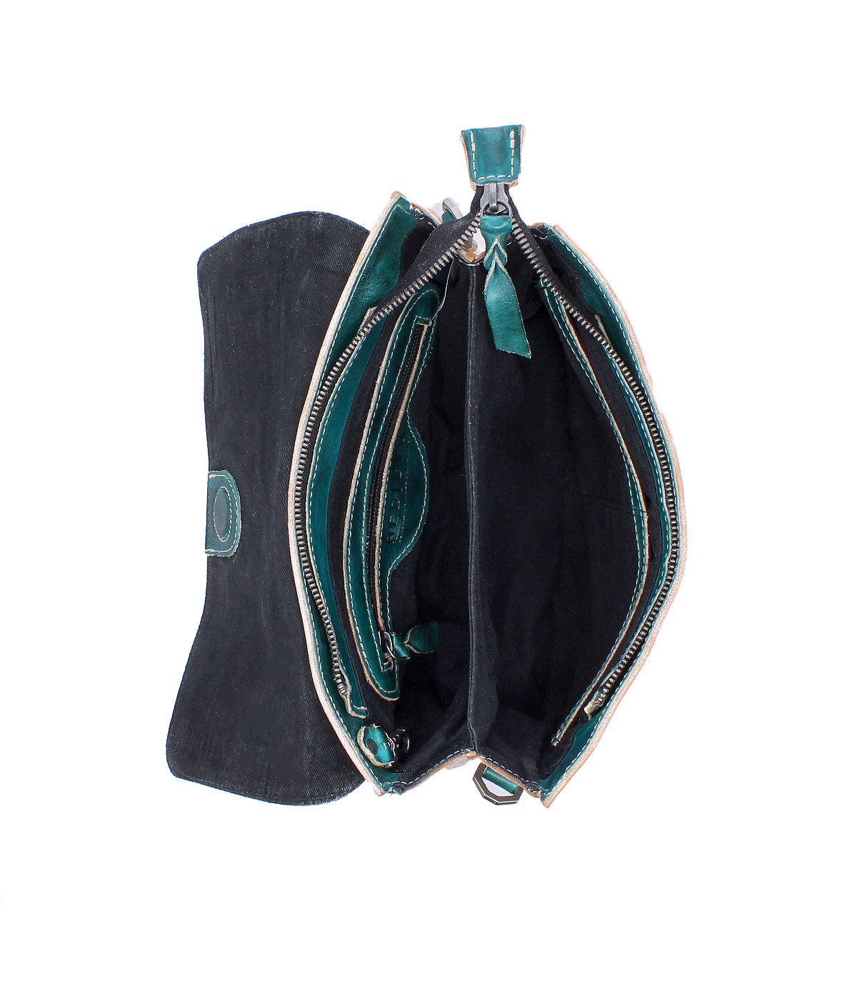 The Bed Stu Cleo is an open black and teal clutch with multiple zippered compartments and a button clasp, shown from above on a white background.