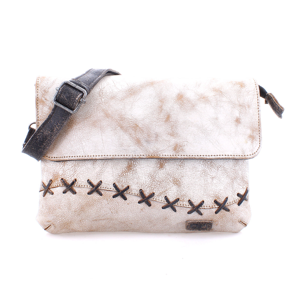 Bed Stu Cleo leather crossbody bag with cross-stitch detailing and a zipper top closure on a white background.