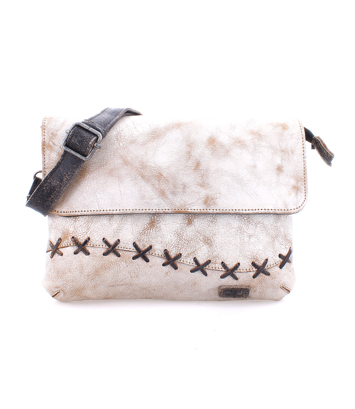 Bed Stu Cleo leather crossbody bag with cross-stitch detailing and a zipper top closure on a white background.
