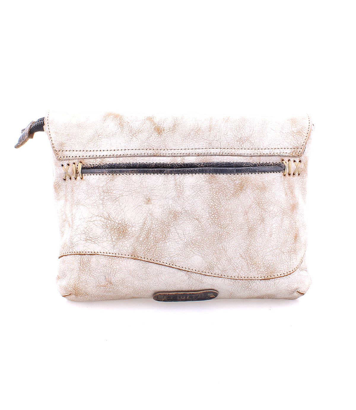 Versatile beige Cleo clutch bag with zipper top closure on a white background.