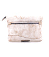 Versatile beige Cleo clutch bag with zipper top closure on a white background.
