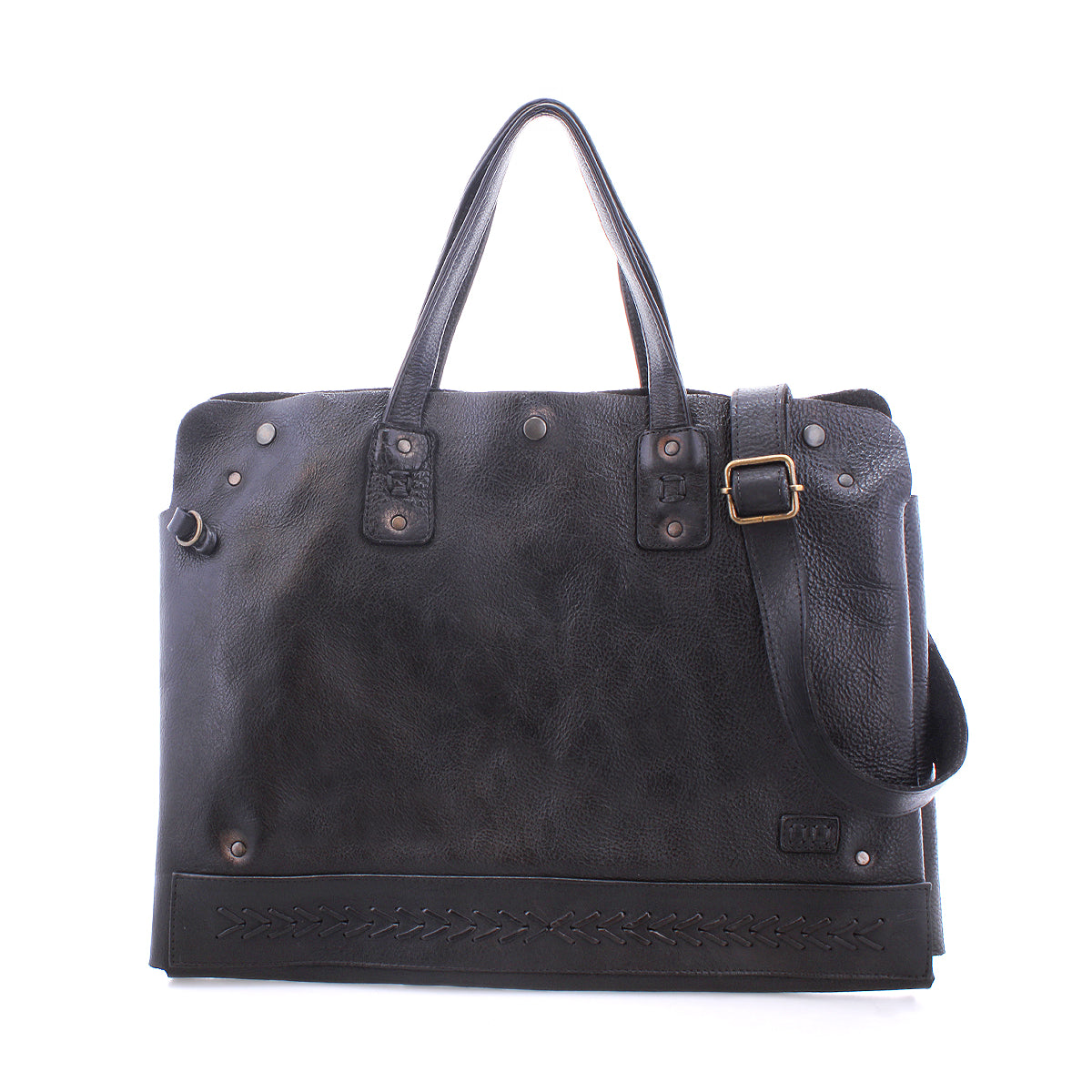 The Bed Stu Commuter is a black leather handbag with dual handles, a detachable shoulder strap, metal hardware, decorative bottom stitching, and dedicated laptop storage—perfect for daily essentials.