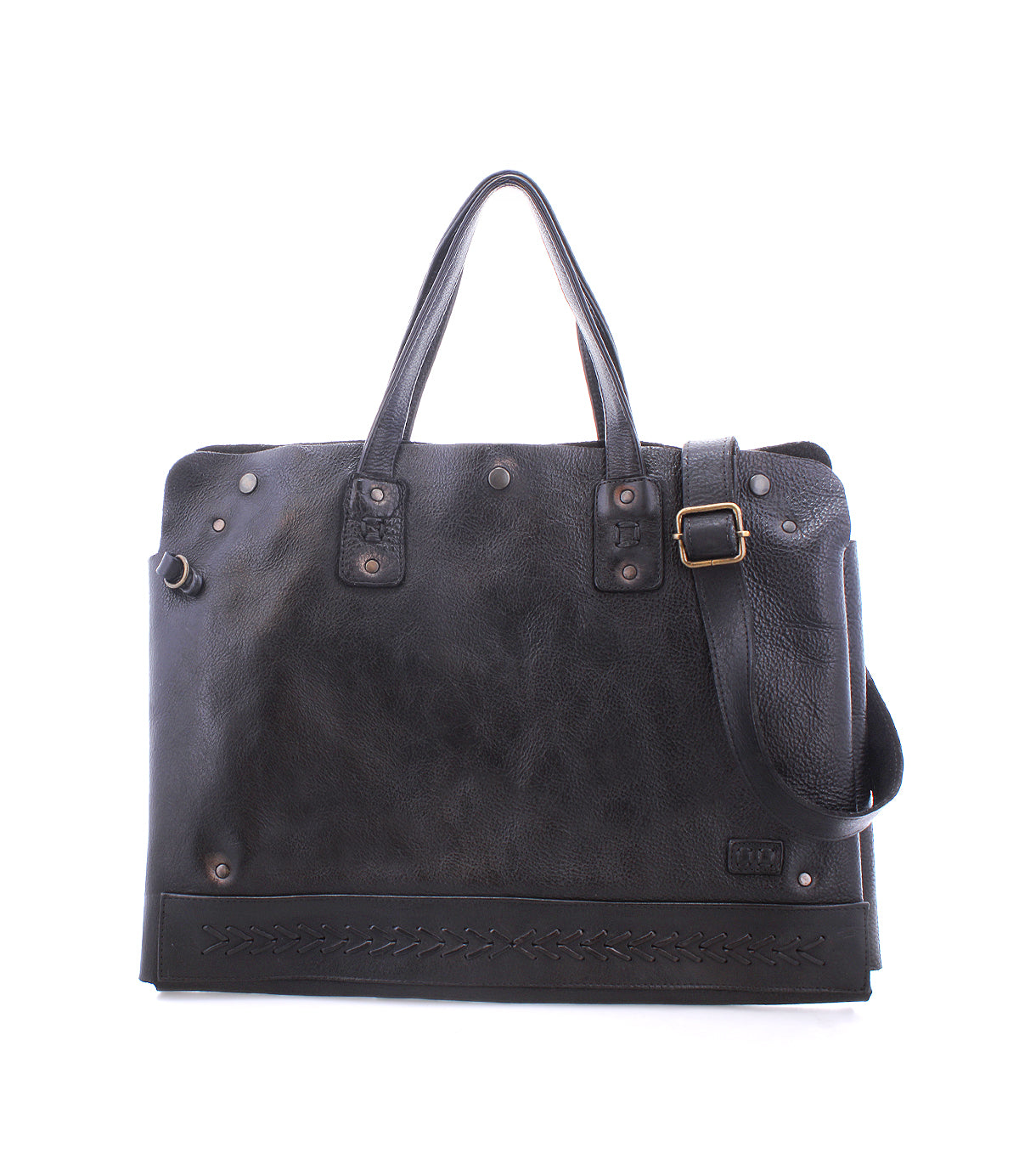 The Bed Stu Commuter is a black leather handbag with dual handles, a detachable shoulder strap, metal hardware, decorative bottom stitching, and dedicated laptop storage—perfect for daily essentials.