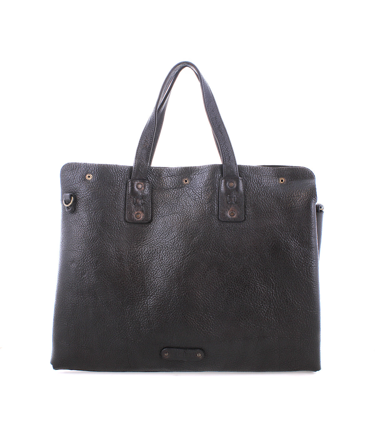 The Bed Stu Commuter is a black leather tote with double handles, textured finish, and metal accents—perfect for stylish laptop storage. Shown on a plain white background.