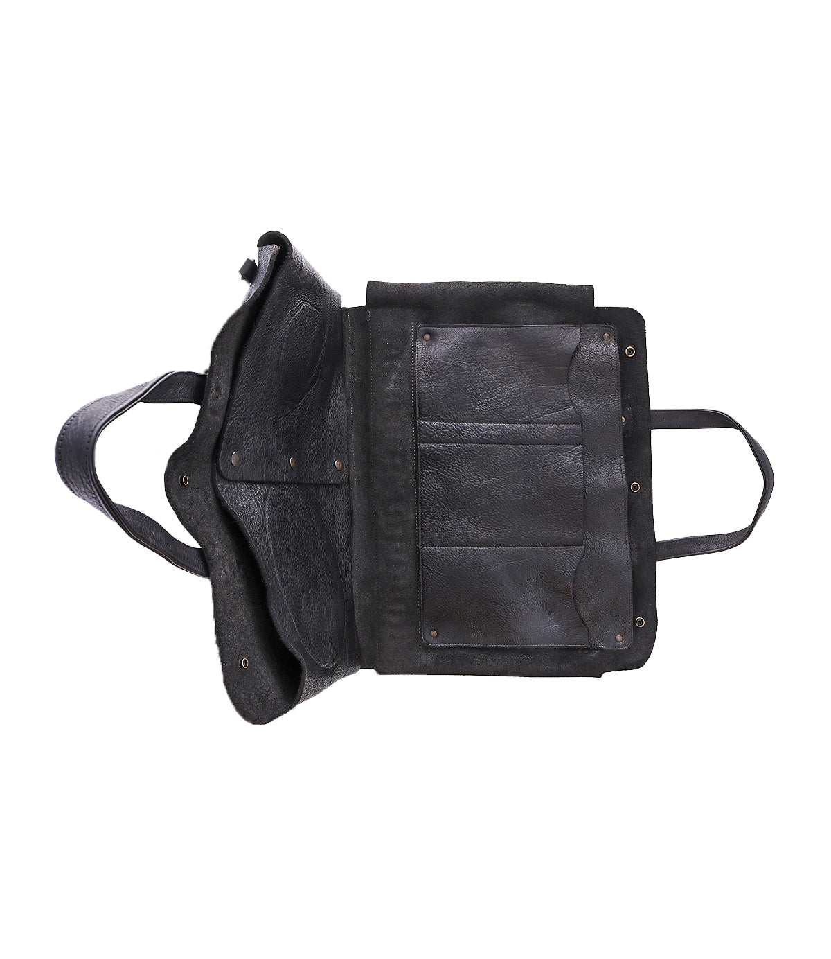 The Bed Stu Commuter black leather messenger bag is shown open from above, revealing interior compartments perfect for laptops, a secure flap, and side straps—a stylish and versatile multifunctional commuter bag.