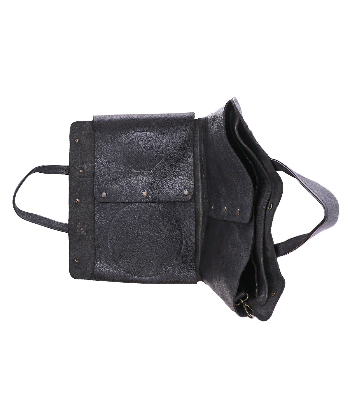 The Bed Stu Commuter is a black leather satchel with a flap, interior compartments, and side handle—this multifunctional bag provides convenient laptop storage for everyday use.