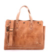 A multifunctional Bed Stu tan leather bag with an adjustable strap suitable for commuters and laptops up to 15 inches.