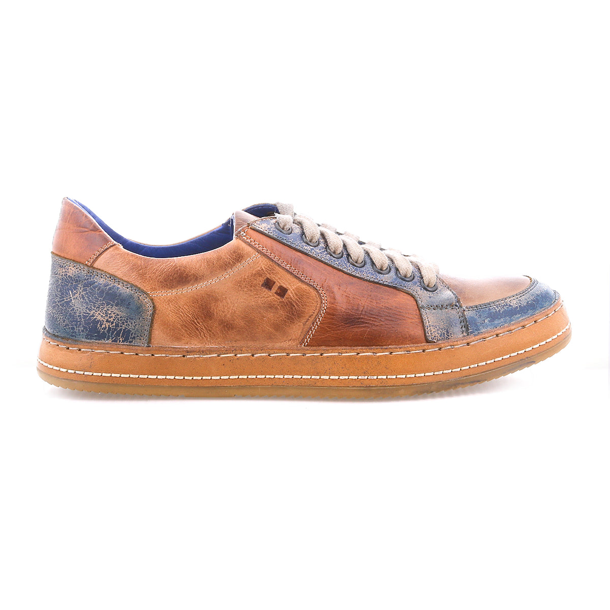 The Bed Stu Condor is a brown and blue casual leather sneaker with beige laces, durable construction, stitched sole, and a slightly worn look, shown in a side profile on a white background.