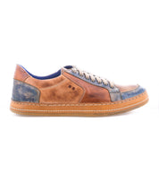 The Bed Stu Condor is a brown and blue casual leather sneaker with beige laces, durable construction, stitched sole, and a slightly worn look, shown in a side profile on a white background.
