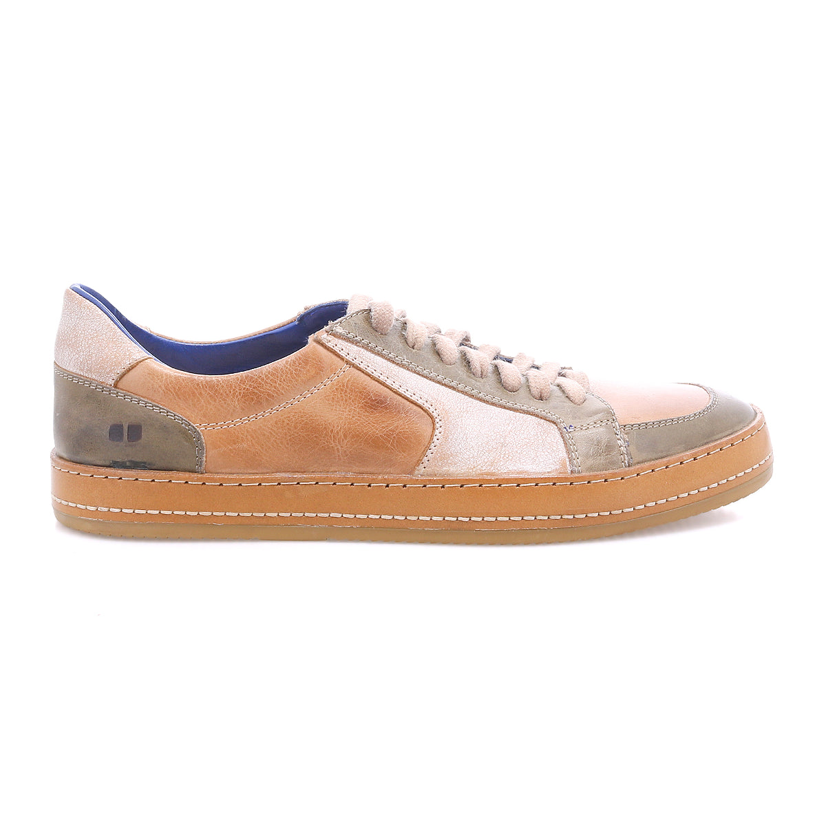 The Bed Stu Condor is a comfortable, low-top leather sneaker in tan, beige, and olive green with a durable build, rubber sole, blue interior lining, and is shown in side profile.