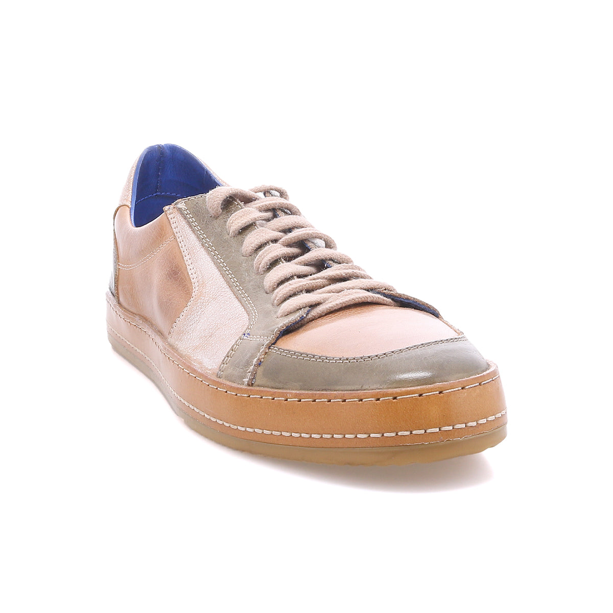 The Bed Stu Condor is a comfortable tan and brown leather sneaker with beige laces, white stitching, durable construction, and a gum sole, displayed on a white background.