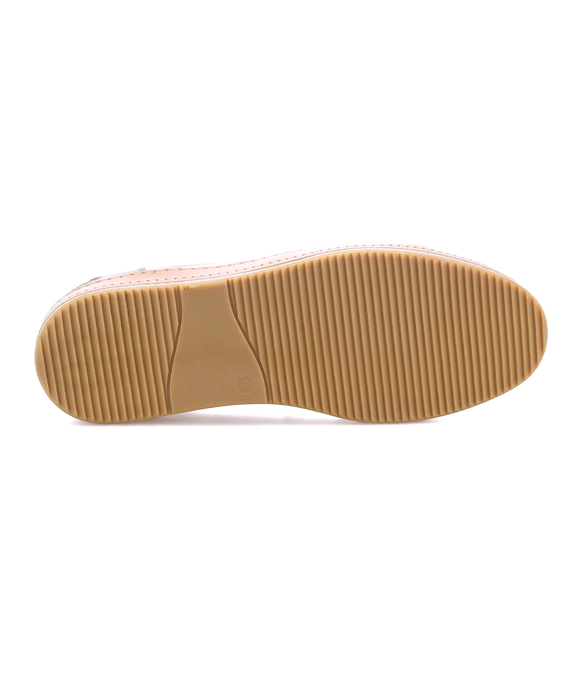 The image displays the bottom view of the Bed Stu Condor sneaker, featuring a tan rubber sole with horizontal grooves for grip and durable construction.