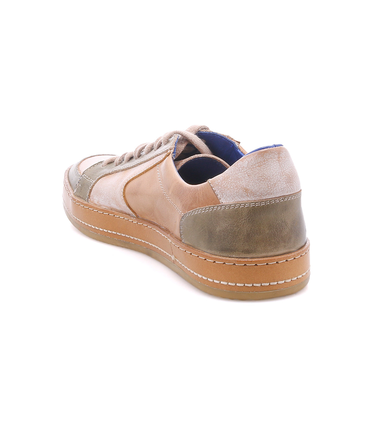 The Bed Stu Condor is a brown and tan leather sneaker with durable construction and a rubber sole, shown from the back side angle against a white background.