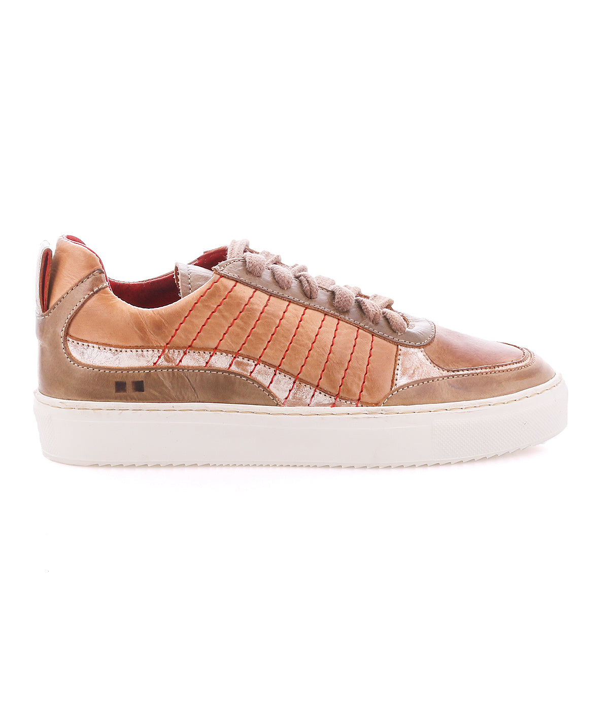 Cosmo by Bed|Stü is a tan and beige leather sneaker with a classic silhouette, red contrast stitching, white sole, and lace-up closure, pictured in side profile against a white background.