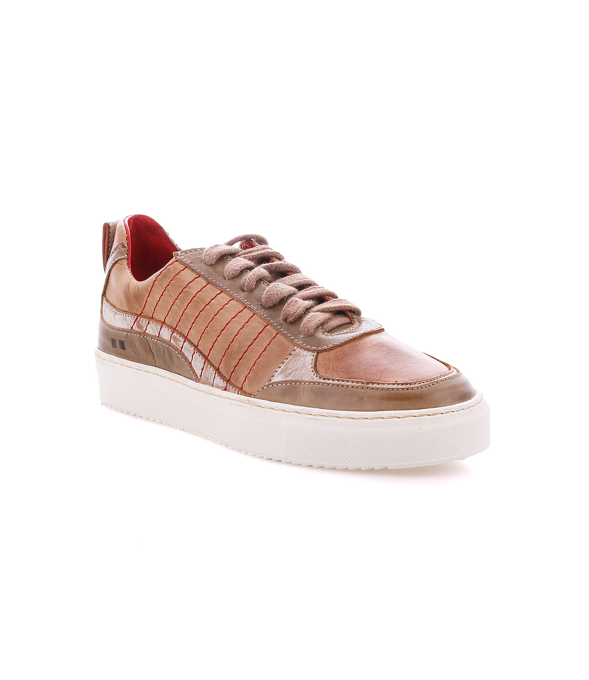 The Cosmo sneaker by Bed|Stü features brown leather with contrast stitching, red stitched details, beige suede accents, a white rubber sole, and brown laces, shown against a white background.