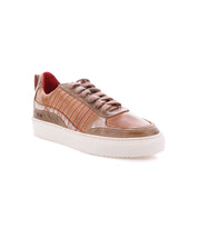 The Cosmo sneaker by Bed|Stü features brown leather with contrast stitching, red stitched details, beige suede accents, a white rubber sole, and brown laces, shown against a white background.