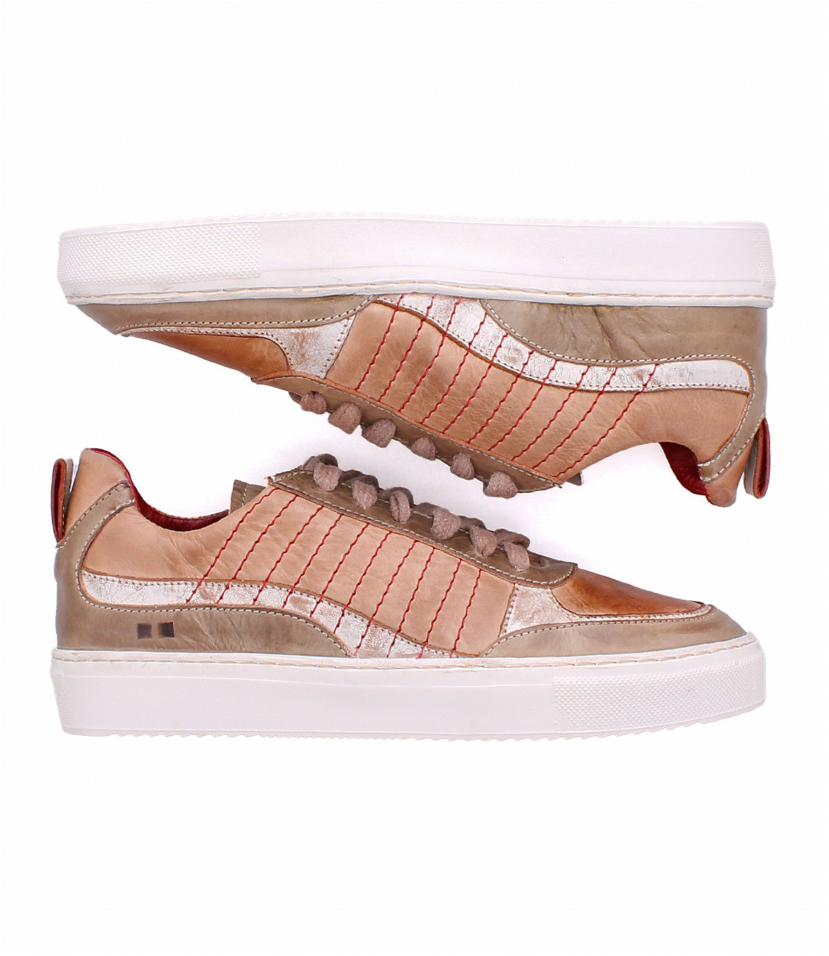 A pair of Bed|Stü Cosmo sneakers in brown and beige leather, featuring red contrast stitching, white outsoles, and a textured upper in a classic silhouette, shown from the side and bottom against a white background.