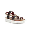 A Bed Stu Crawler sandal with a multicolor strappy upper, two straps for a secure fit, and a white sole.