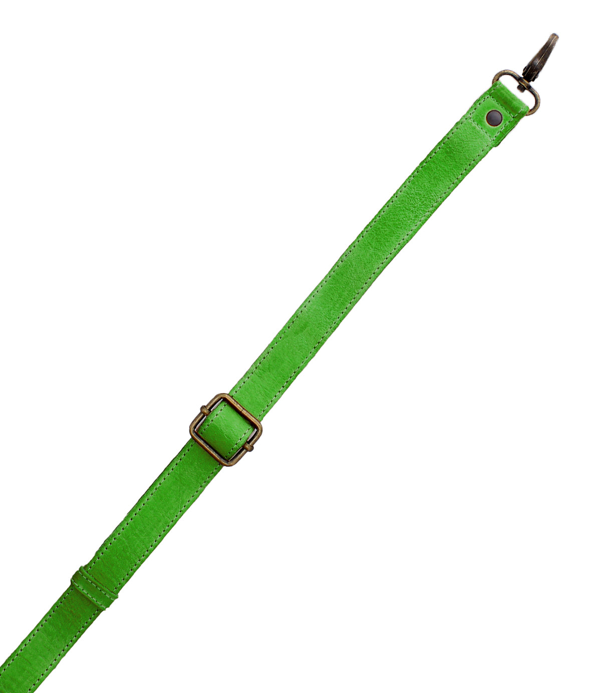 The Bed Stu Crossbody Strap is a green adjustable leather strap with a metal buckle and clip, ideal for Bed Stu bags or as a chic crossbody accessory, shown on a white background.