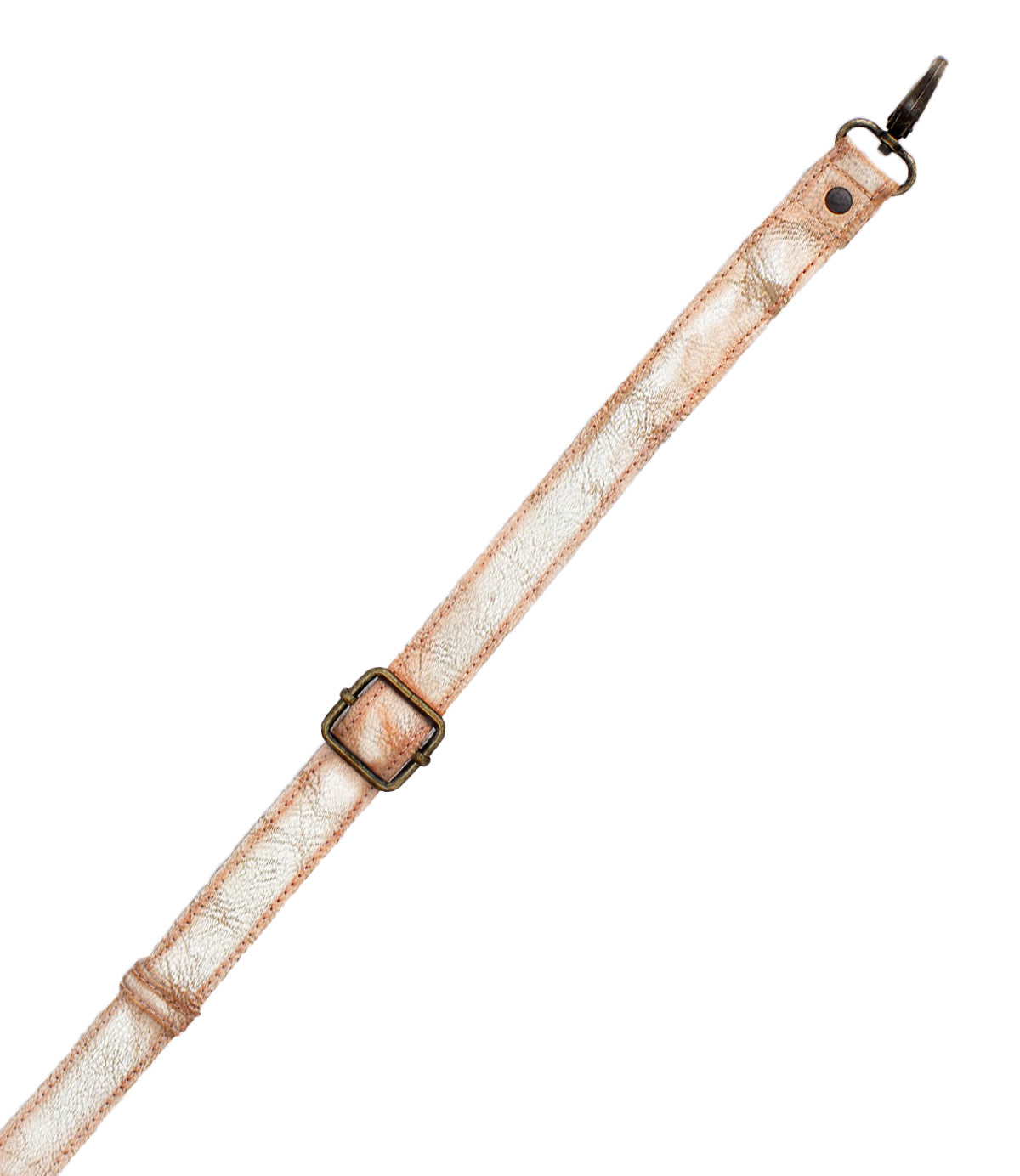 The Bed Stu Crossbody Strap features metallic gold adjustable leather with metal hardware and buckle, ideal for Bed Stu bags or as a chic crossbody accessory, displayed on a white background.