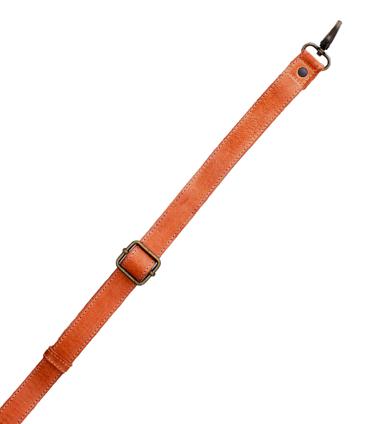 The Bed Stu Crossbody Strap is a brown adjustable leather accessory with a metal buckle and clasp at one end, perfect for use with Bed Stu bags or as a crossbody strap, shown on a white background.