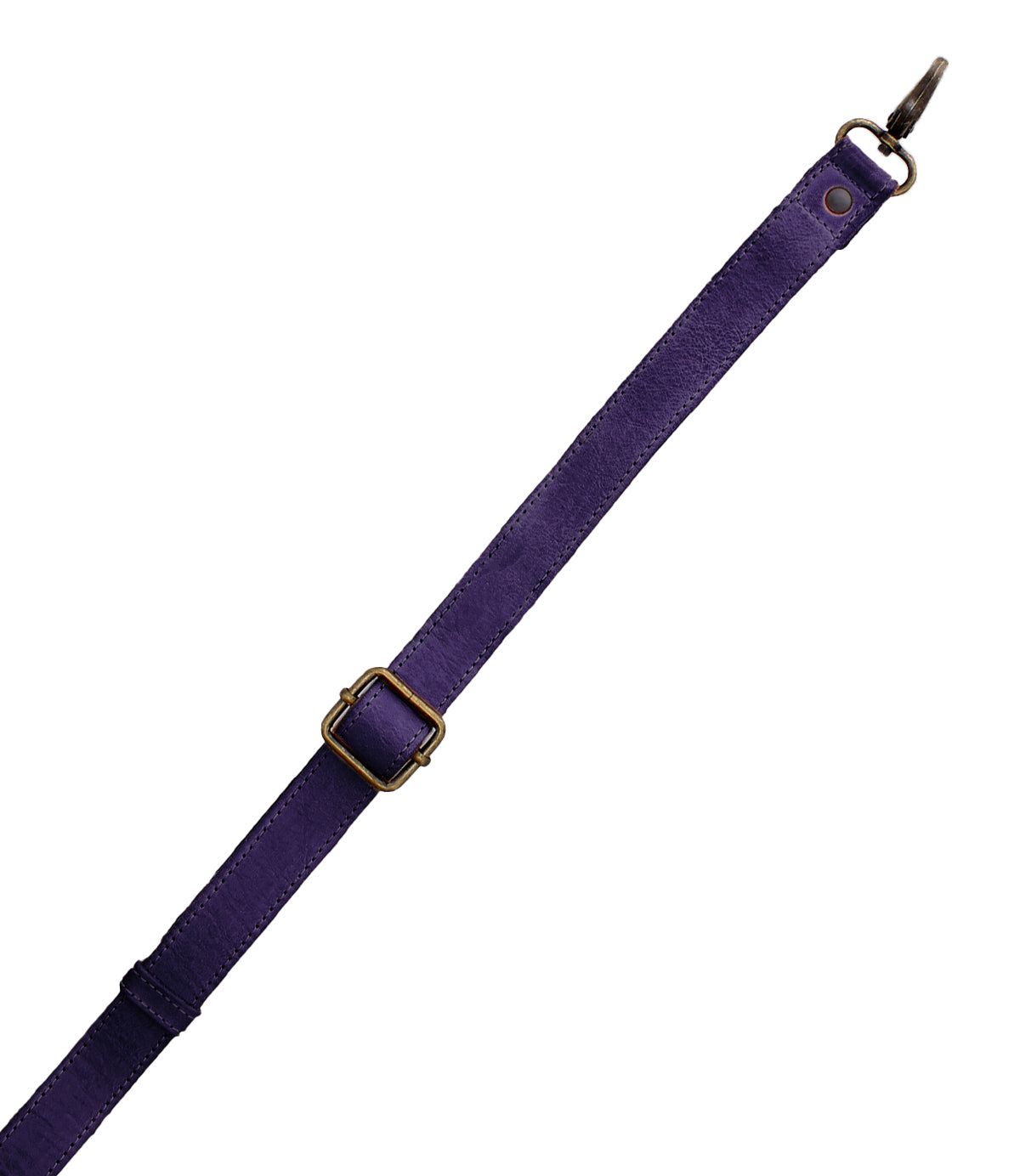 The Bed Stu Crossbody Strap is a purple adjustable leather strap with a brass buckle and metal clasp, ideal for Bed Stu bags or as a chic crossbody accessory, shown on a white background.