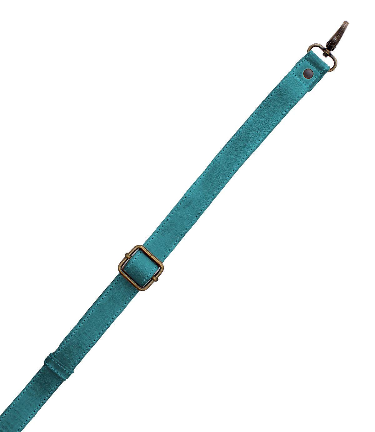 The Bed Stu Crossbody Strap in teal leather features an adjustable metal buckle and a swivel hook, ideal for Bed Stu bags. Shown on a white background.