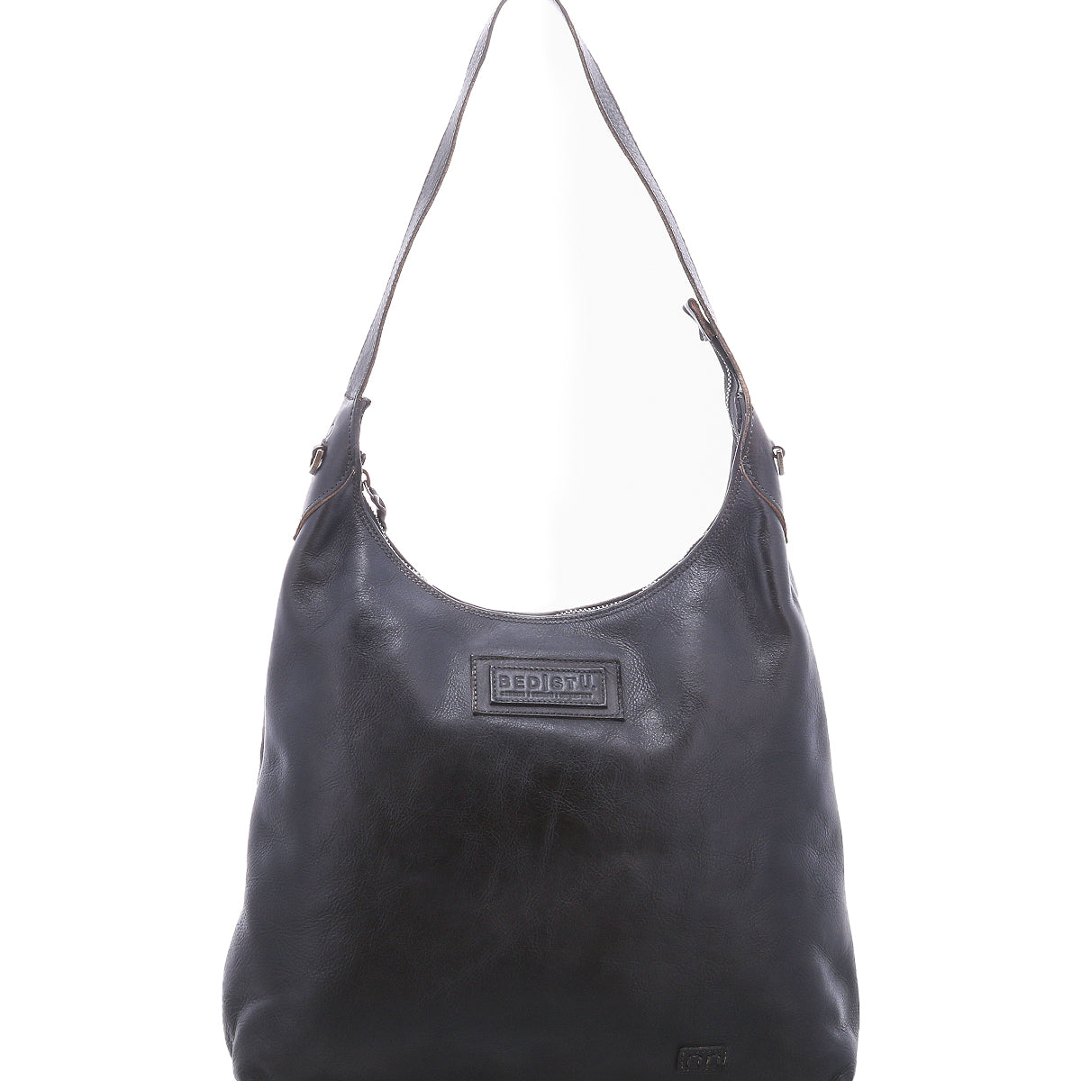 The Bed|Stü Dallas LTC is a black leather shoulder bag featuring a wide strap and a prominent brand logo patch on the front, making it an ideal concealed carry accessory for Dallas LTC holders; shown photographed against a white background.