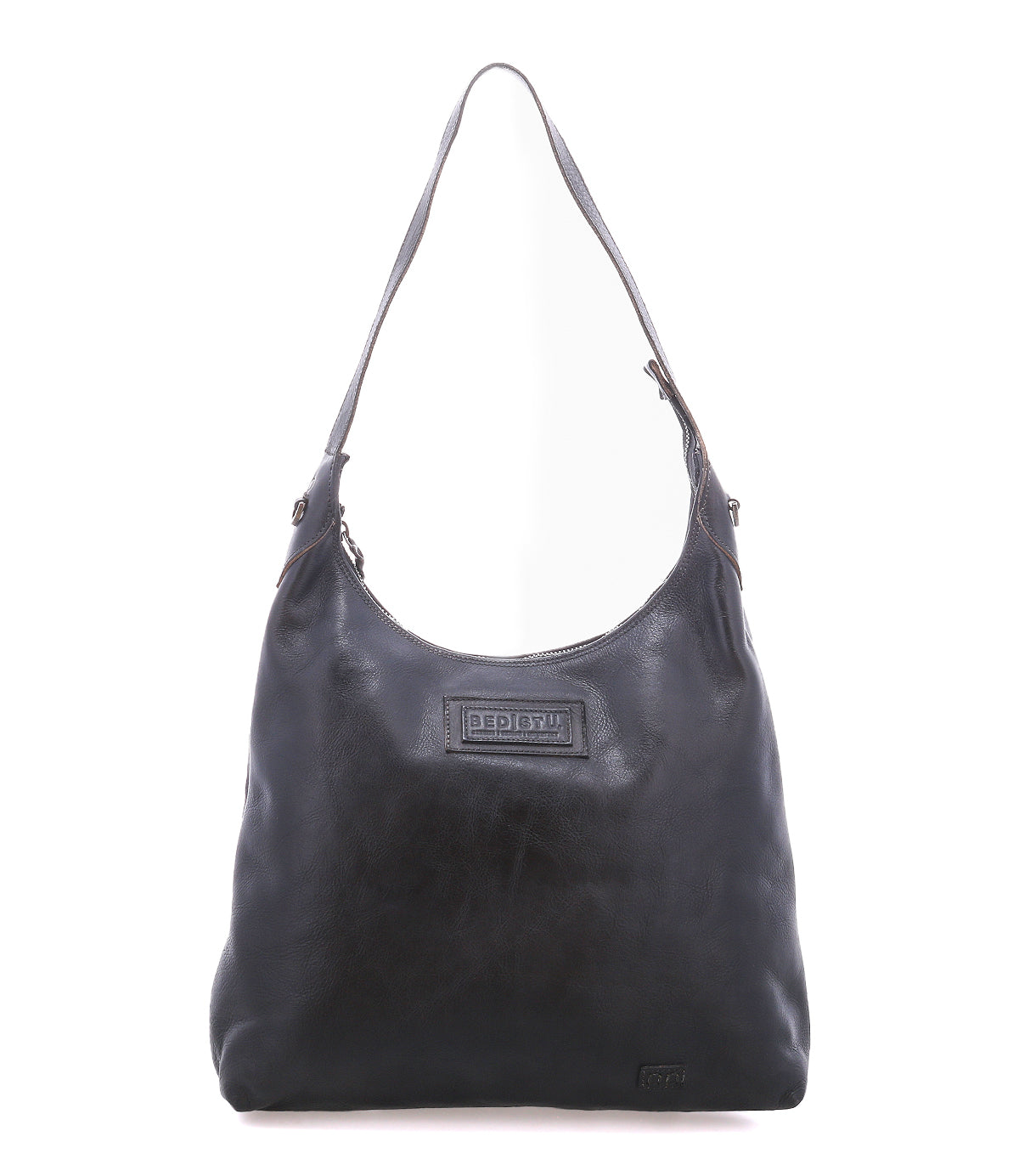 The Bed|Stü Dallas LTC is a black leather shoulder bag featuring a wide strap and a prominent brand logo patch on the front, making it an ideal concealed carry accessory for Dallas LTC holders; shown photographed against a white background.