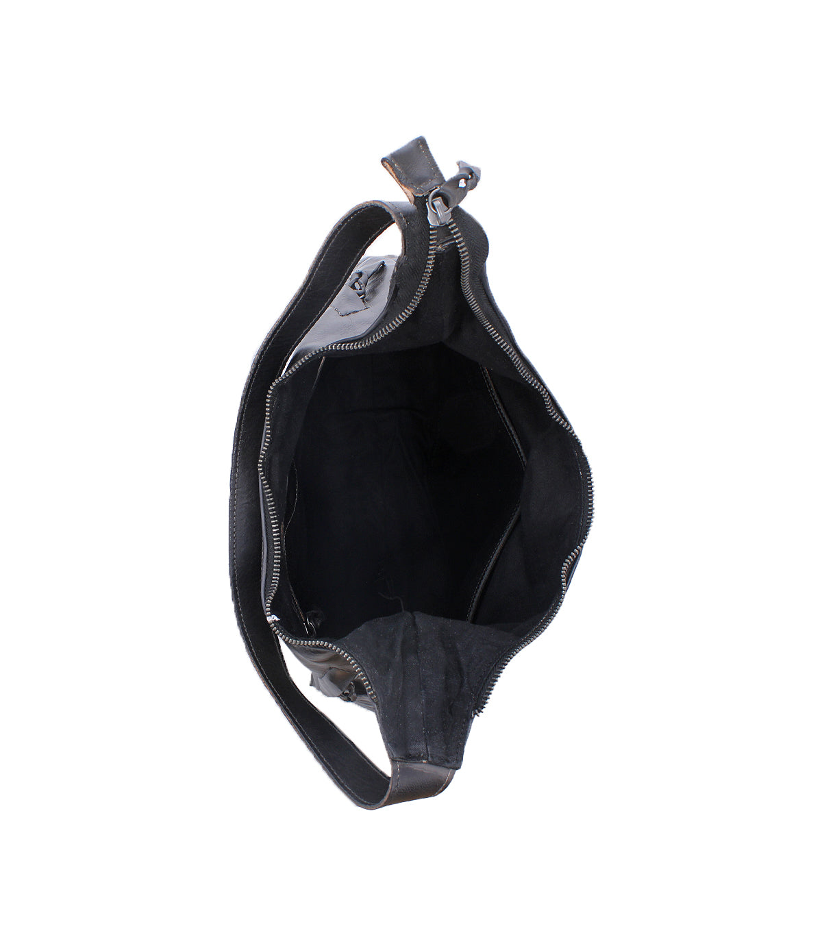 Top view of an open Bed|Stü Dallas LTC black leather shoulder bag with a zipper, displaying its empty interior and a single visible handle against a white background—ideal as a stylish yet practical concealed carry bag for LTC holders in Dallas.