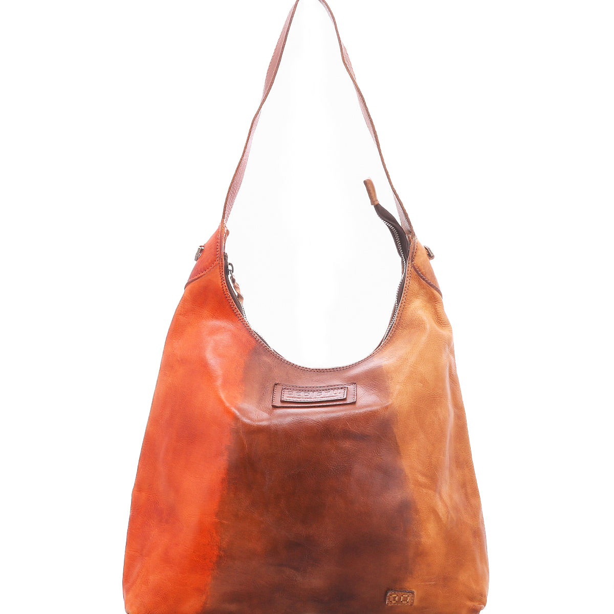 The Dallas LTC by Bed|Stü is a spacious leather shoulder bag with a single strap, showcasing a gradient pattern in warm brown and orange tones. This holster bag seamlessly merges style and function, making it an ideal choice for those who value both fashion and practicality.
