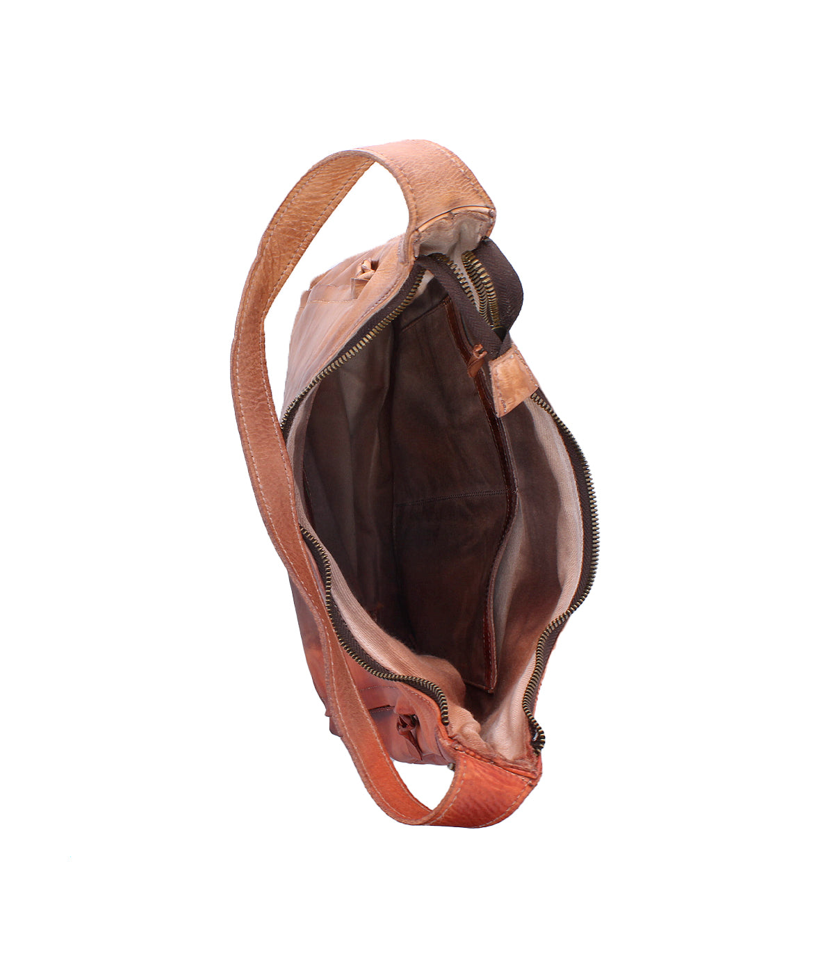 Top view of the Bed|Stü Dallas LTC, an open brown leather holster bag featuring a wide strap, unlined interior, inner pocket, and visible zipper closure, set against a white background.