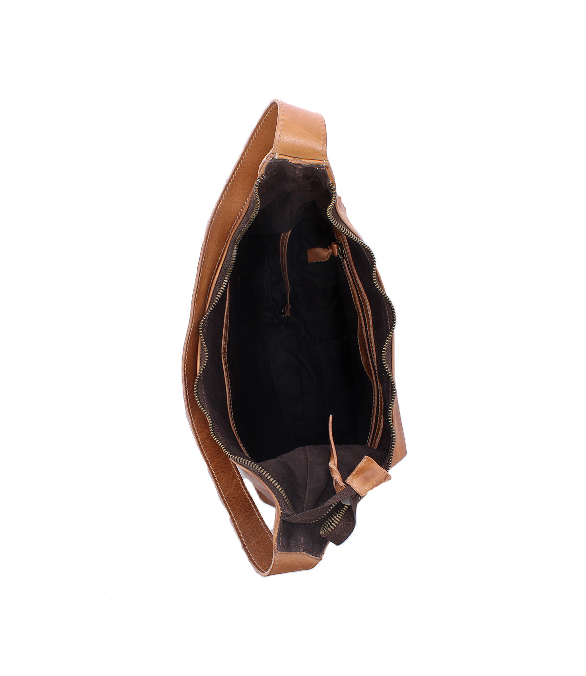 Top view of the Bed|Stü Dallas LTC, an open brown leather concealed carry shoulder bag featuring a visible inner zipper pocket and a spacious compartment, shown against a white background.