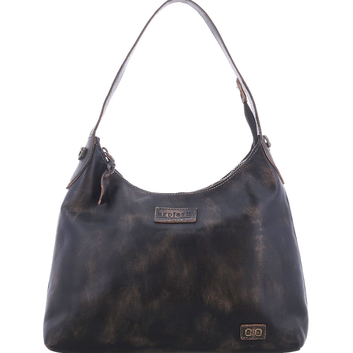 Small dark brown full-grain leather Bed|Stü Decatur LTC shoulder bag with a single strap, a zipper closure, and a rectangular brand label on the front.