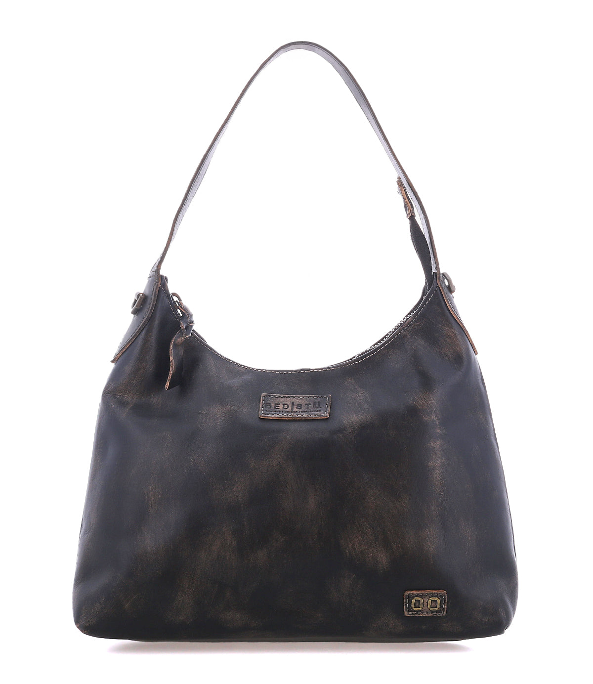 Small dark brown full-grain leather Bed|Stü Decatur LTC shoulder bag with a single strap, a zipper closure, and a rectangular brand label on the front.