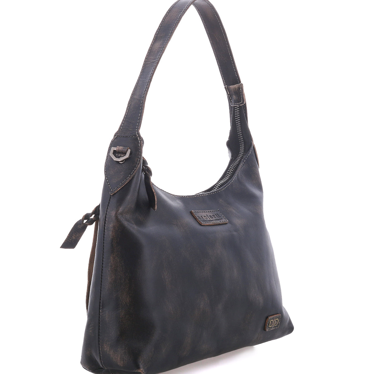 Bed|Stü Decatur LTC small, distressed dark full-grain leather shoulder bag featuring a single strap, side zip, and metal hardware.