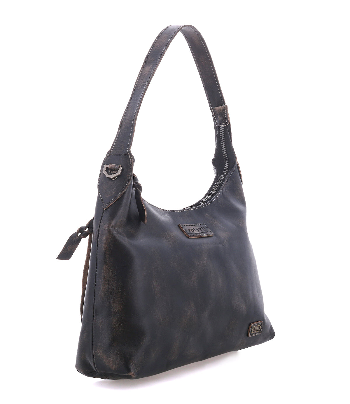 Bed|Stü Decatur LTC small, distressed dark full-grain leather shoulder bag featuring a single strap, side zip, and metal hardware.