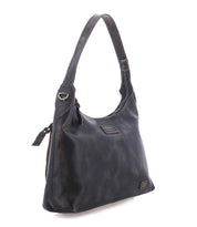 Bed|Stü Decatur LTC small, distressed dark full-grain leather shoulder bag featuring a single strap, side zip, and metal hardware.