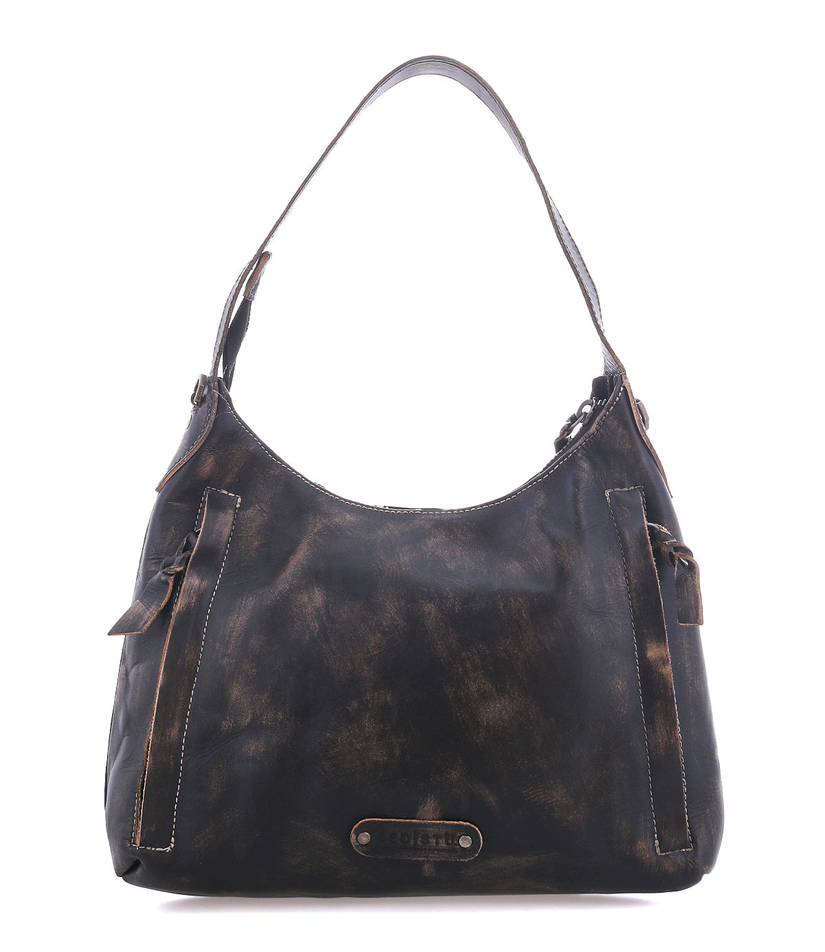 Bed|Stü Decatur LTC small, dark brown full-grain leather hobo bag featuring a shoulder strap and a metal logo plate at the bottom.