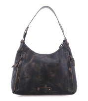Bed|Stü Decatur LTC small, dark brown full-grain leather hobo bag featuring a shoulder strap and a metal logo plate at the bottom.