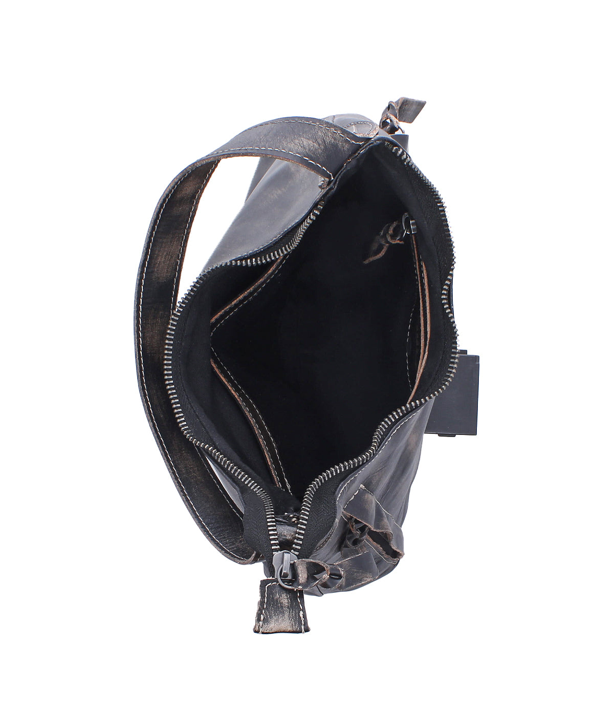 Open small black leather Bed|Stü Decatur LTC shoulder bag with a top zipper closure.