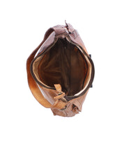 Top-down view of an organized, open full-grain leather Decatur LTC handbag with a zippered closure.
