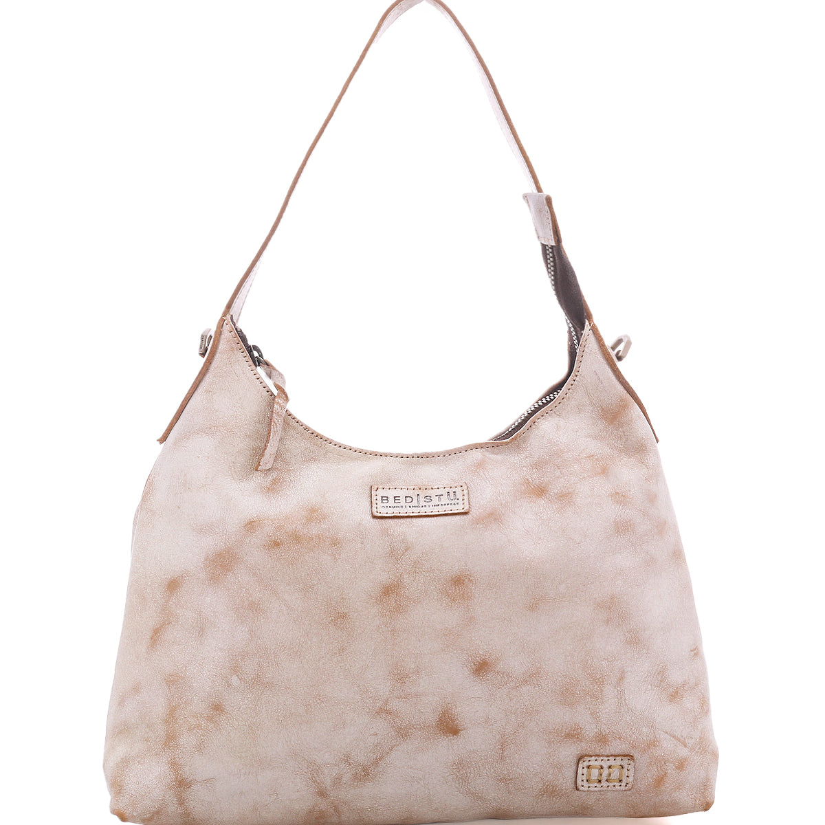A small, light-colored full-grain leather Bed|Stü Decatur LTC hobo bag with a single shoulder strap and a top zipper closure.