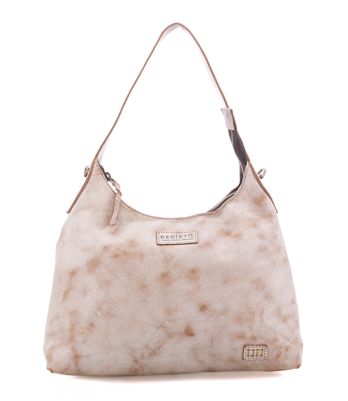 A small, light-colored full-grain leather Bed|Stü Decatur LTC hobo bag with a single shoulder strap and a top zipper closure.